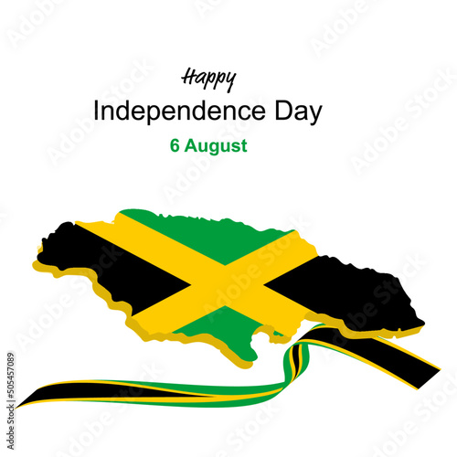 Jamaica Independence Day card design. with colors yellow and green. Jamaica Map 3d Shape  with the flag inside.