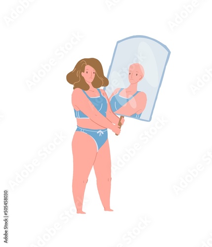 Vector cartoon flat character misjudging appearance,woman with hair looks in mirror and seeing bald person-metaphor of inadequate self-esteem,psychological problems treatment and therapy concept