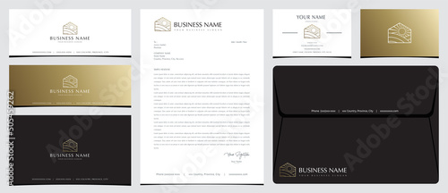 Hill house and sun logo with stationery, business card and social media banner designs