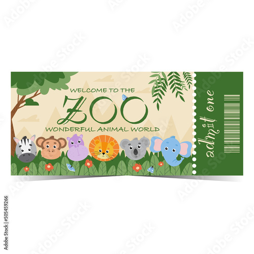 Zoo ticket with cute stylised exotic animals in the forest on background. Zoological park entrance talon with detachable part and barcode. Vector illustration in flat style.