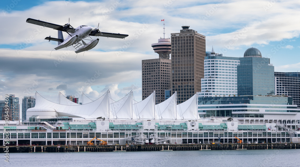 Naklejka premium Canada Place and modern city skyline in Coal Harbour and Seaplane taking off. Adventure Composite. Downtown Vancouver, British Columbia, Canada.