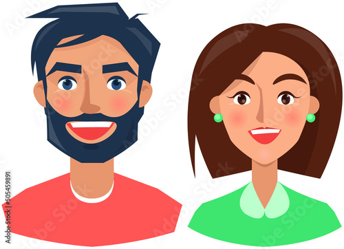 Positive face expression of young man. Girl with emotion of happiness, joy. Cheerful, joyful face of people character. Happy smiling family vector illustration. Expressing human emotion concept