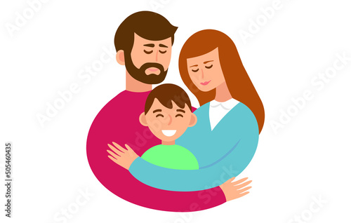 Happy parents and child in loving family. Cute cartoon characters image jpeg illustration. Mom and dad hugging their son. 