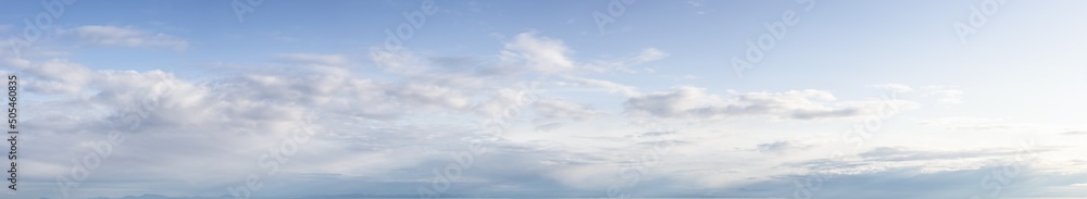 Panoramic View of Cloudscape during a colorful sunset or sunrise. Taken on the West Coast of British Columbia, Canada. Nature Background Panorama