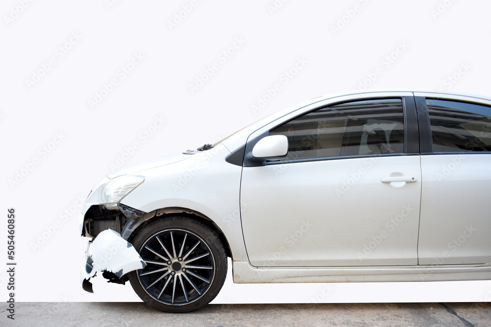Side view of a damaged white car. isolated from the white background With clipping path