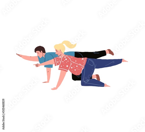 Vector flat cartoon characters,young family,man and pregnant woman doing yoga pose exercises-pregnancy courses for new mothers,healthy happy motherhood social concept,web site banner ad design