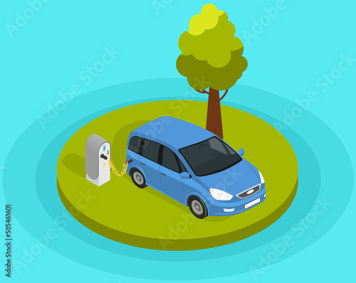 Modern electric smart car charging, automobile parking at charger station with plug in cable. Electrified future transportation e-motion. Environmentally friendly transport using renewable energy