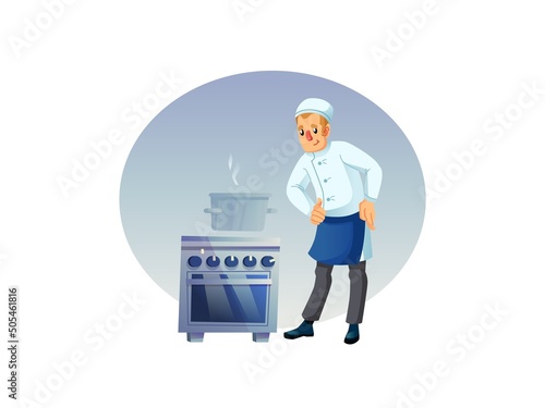 Vector cartoon flat man character chef at kitchen stove,cooks meal in saucepan-catering industry restaurant kitchen interior,professional food cooking workflow concept,web site banner ad design