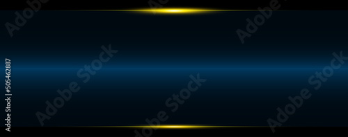 Vector blue and golden frame with luxury yellow lights effects. Shining rectangle banner panorama.