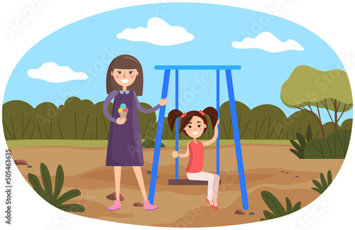 Woman walking with girl on slide swing at playing field. Outdoor family activities, joint pastime, recreation concept. Mom with child swinging on playground. Mother and daughter together on weekend