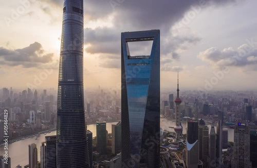 circling shot, architecture, asia, asian, background, blue, building, business, China, Chinese, city, cityscape, downtown, drone, famous, financial, landmark, metropolis, modern, panoramic, pudong, sh