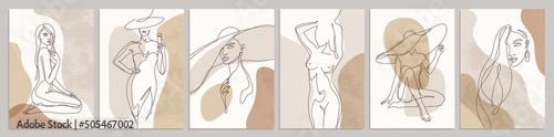 Set of abstract female silhouettes. Elegant illustrations in trendy simple linear style. Portraits and bodies. Vector collages. 