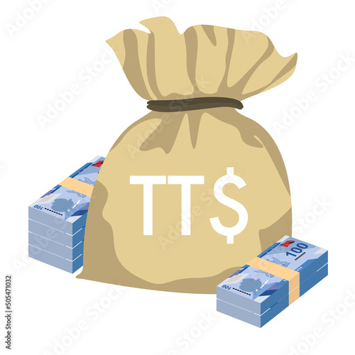 Trinidad and Tobago dollar Vector Illustration. Trinidad and Tobago money set bundle banknotes. Money bag 100 TTD. Flat style. Isolated on white background. Simple minimal design. photo