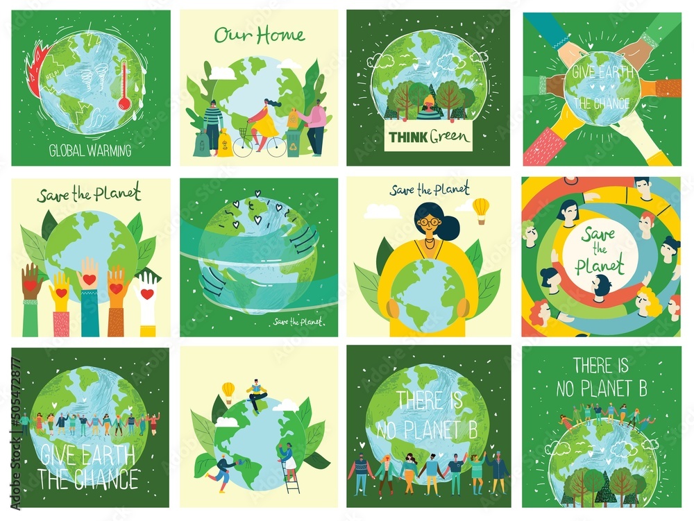 Vector eco illustration cards for social poster, banner or card of saving the planet, human hands protect our earth. - obrazy, fototapety, plakaty 