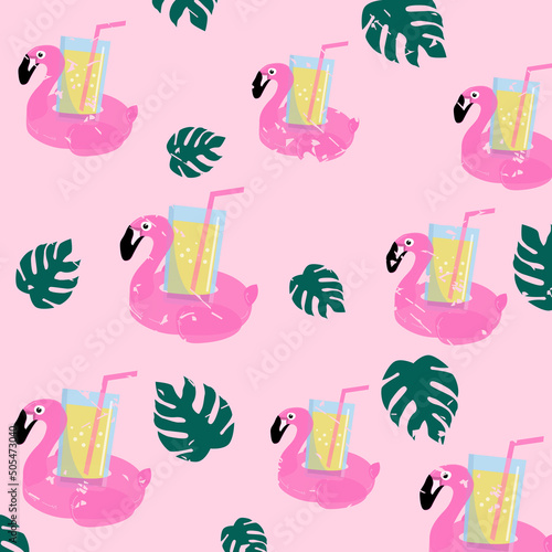 Seamless pattern with flamingo on pink background