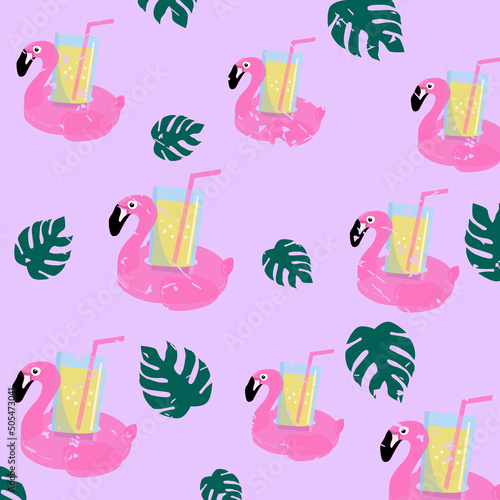 Seamless pattern with flamingo on purple background