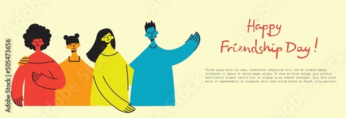 Background with happy diverse hugging people. Concept of friendship day, unity. Celebration or congratulation of multiracial friends.