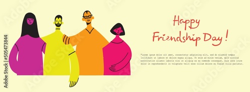 Background with happy diverse hugging people. Concept of friendship day, unity. Celebration or congratulation of multiracial friends.