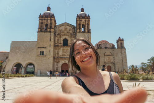 Photography Happy young woman making selfie on oaxaca city mexico