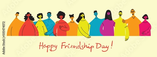 Background with happy diverse hugging people. Concept of friendship day, unity. Celebration or congratulation of multiracial friends. © virinaflora