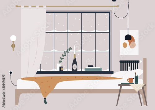 A cozy bedroom interior, books and candles on the windowsill
