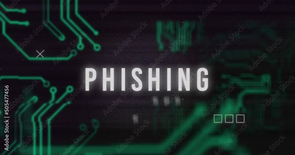 Animation of interference over phishing text, data processing and computer circuit board Animation of interference over phishing text, data processing and computer circuit board