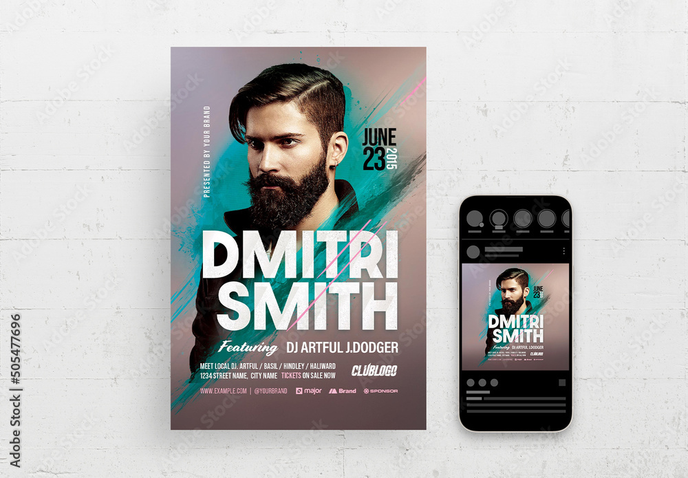 Simple Dj Flyer with Blue Accents Stock Template
