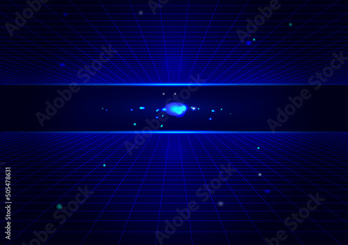 Blue Retro Neon Grid Floor, Spaceship, Nebula, Future Science Technology Abstract Background, Outer Space, Future Technology, Space Ship, High Tech Concept