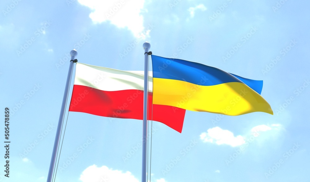 Ukraine and Poland, two flags waving against blue sky. 3d image Ukraine and Poland, two flags waving against blue sky. 3d image