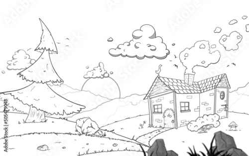 Szkic uroczego domu na wzgórzu. W tle widać zachodzące słońce. Ilustracja przedstawia również różne elementy przyrody takie jak drzewa kamienie kwiaty, grzyby.