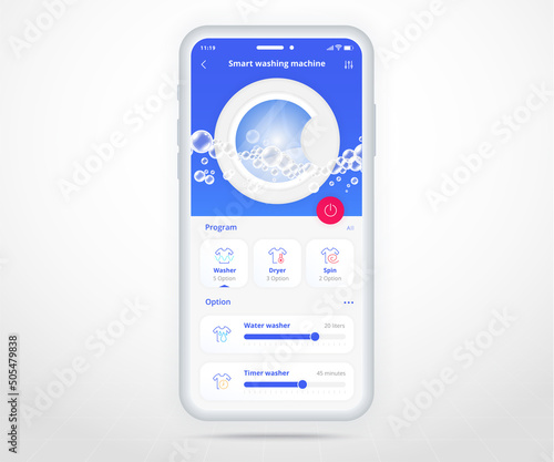 Washing machine app, smart home wash controlled UX UI, IOT Internet of things technology, Digital future home automation tech, smart device application phone, dryer washer laundry, vector illustration