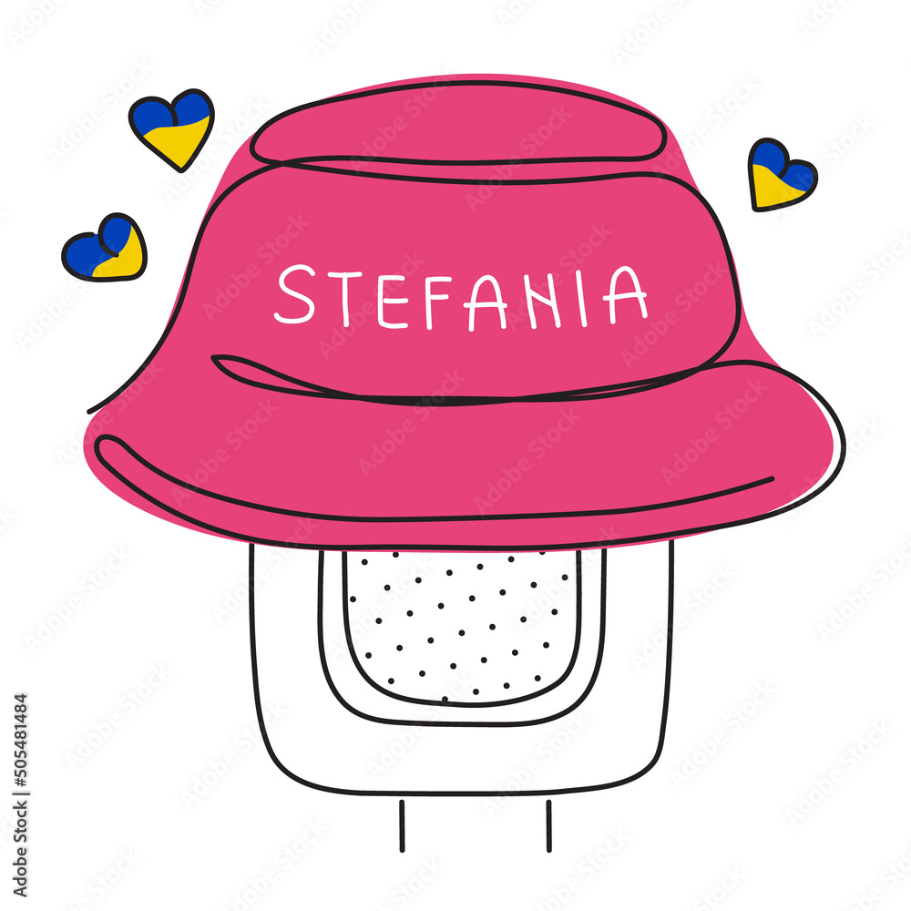 Pink bucket hat on award music microphone and lettering Stefania. Global  politics, NO WAR, aggression problem picture in one line art style Stock  Vector | Adobe Stock