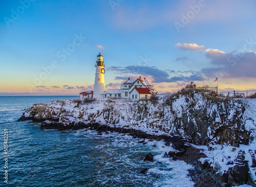 Beautiful view of the Portland Head Light during winter in Cape Elizabeth, Maine, United States