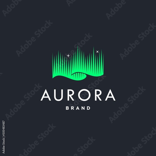 green aurora borealis logo, modern northern lights sky aurora and stars icon logo design illustration background