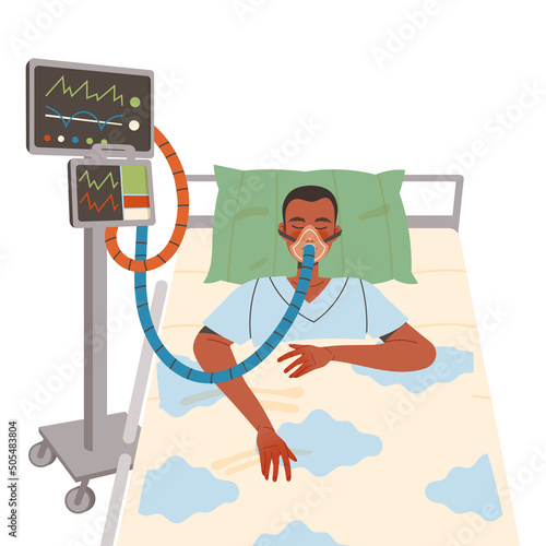Man Patient in Hospital Having Artificial Lung Ventilation Being in Critical Condition Lying on Bed with Mask Vector Illustration