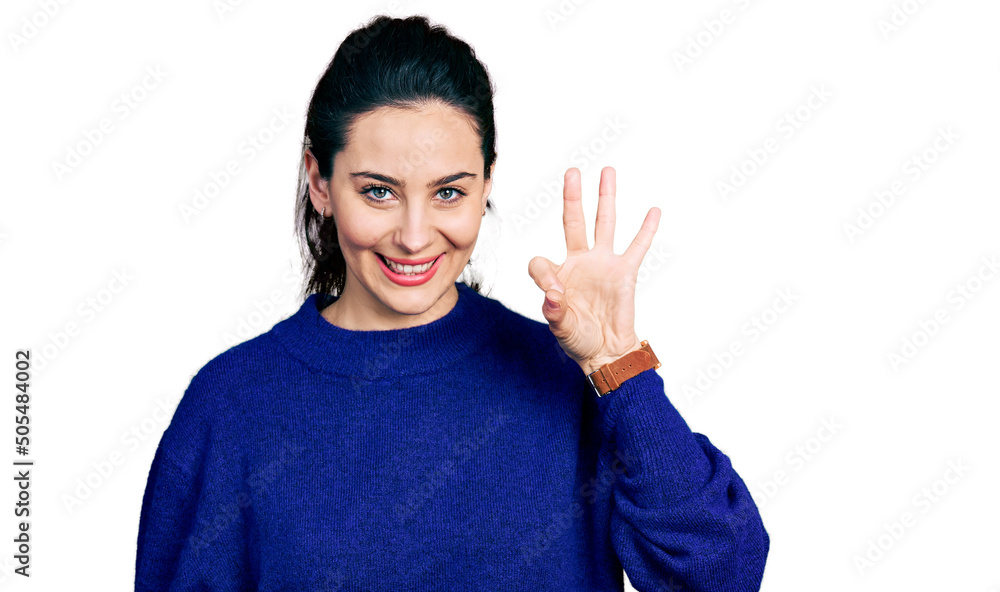 Young hispanic woman wearing casual clothes showing and pointing up with fingers number three while smiling confident and happy. Young hispanic woman wearing casual clothes showing and pointing up with fingers number three while smiling confident and happy.
