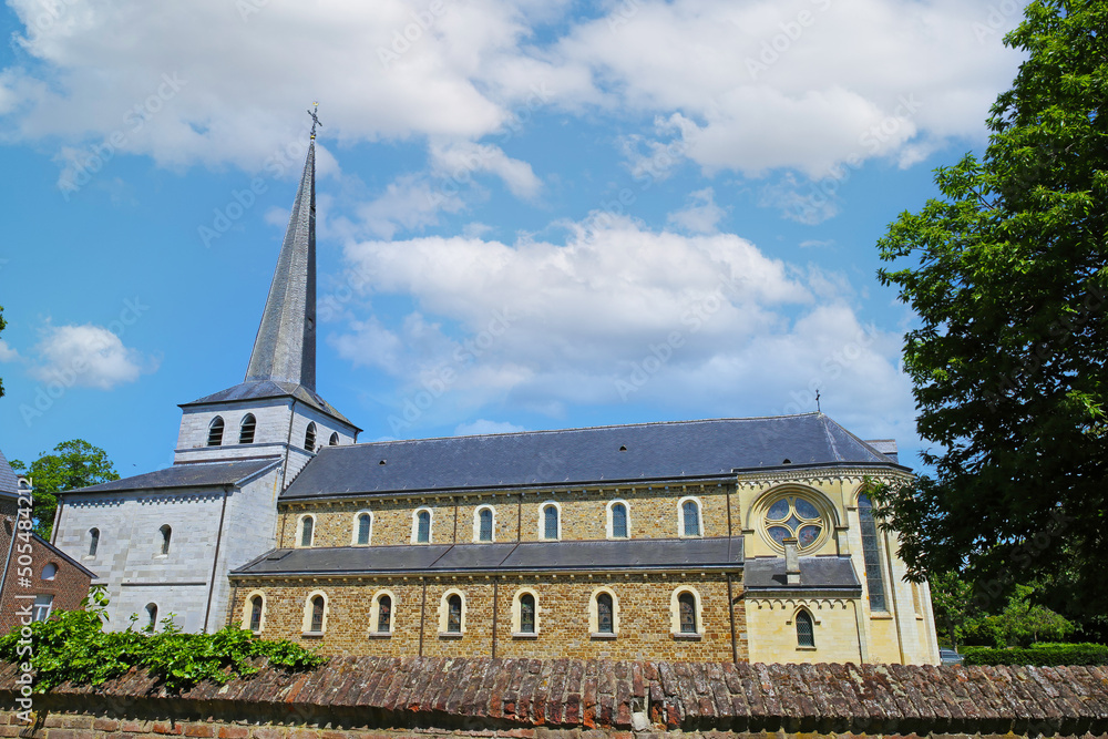 View on former belgian benedictine abbey against blue summer sky - Church of Saint Anne, Aldeneik, Belgium