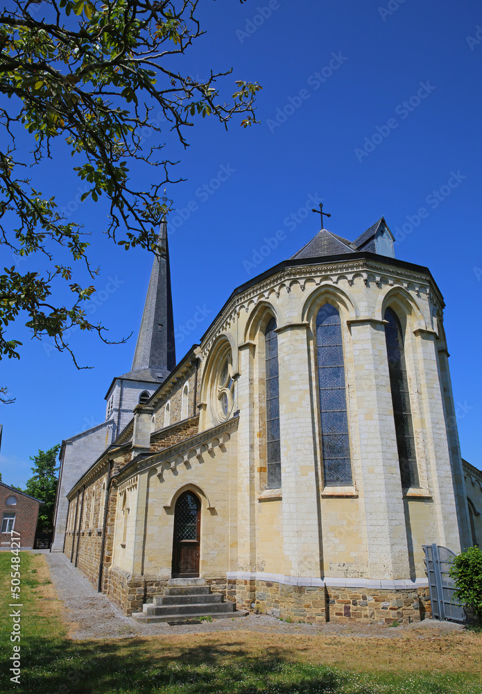 View on former belgian benedictine abbey against blue summer sky - Church of Saint Anne, Aldeneik, Belgium