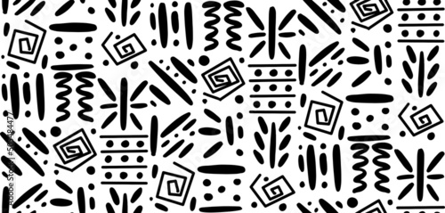 African clash ethnic tribal seamless pattern background. Vector black and white square repeat lines backdrop for Black History Month, Juneteenth, Kwanzaa print, banner, wallpaper.