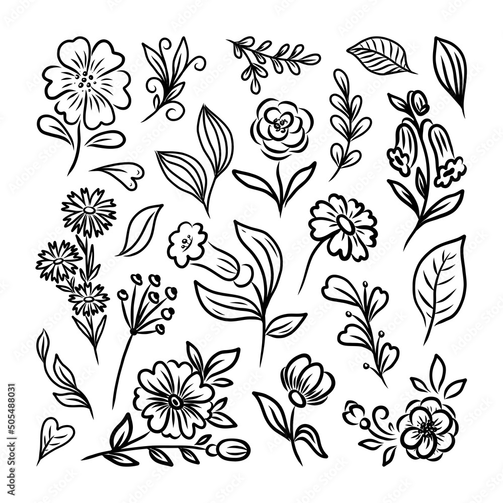 LARGE SET OF BLACK SILHOUETTES OF FLOWERS AND LEAVES ON A WHITE BACKGROUND IN VECTOR