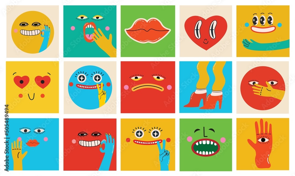 Collection of Round abstract comic Faces with various Emotions. Crazy Abstract comic geometric shape characters elements and faces. Vector Illustration