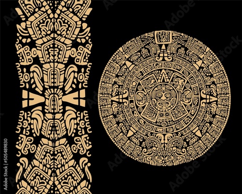 Ancient Mayan calendar. Vector illustration on black background. Images of characters of ancient American Indians.The Aztecs, Mayans, Incas.