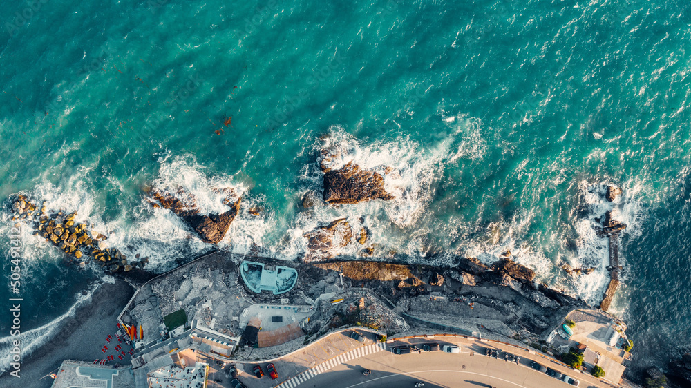 Φωτογραφία Aerial view over coast of Liguria, beach in Quarto dei Mille in Genova, Italy