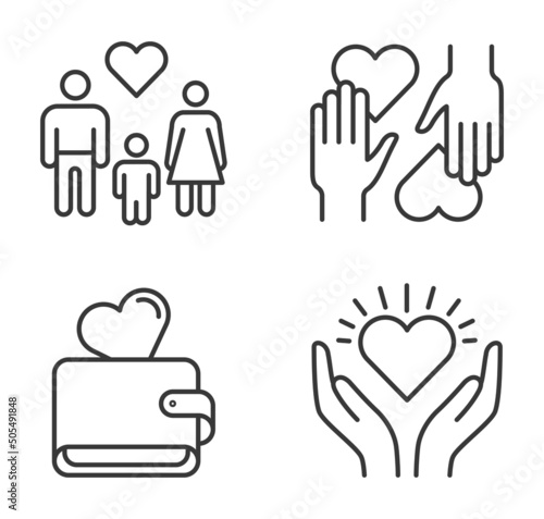 Charity and donation icons. Hands holding and giving heart. Volunteer community sharing money and love. Family adopting child