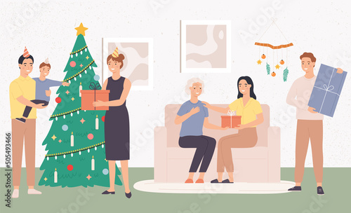 Christmas with happy family at home. Cartoon people celebrating xmas together near fir tree. Parents giving gift box to child