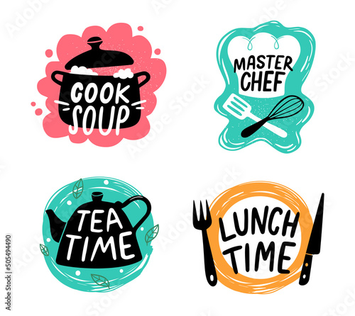 Cooking food lettering. Kitchen utensils with text for culinary master class, cafe or restaurant emblems. Saucepan with cooked soup
