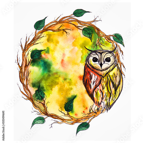 Owl sidt on a tree branch in the forest. Round. Painting. round shape photo