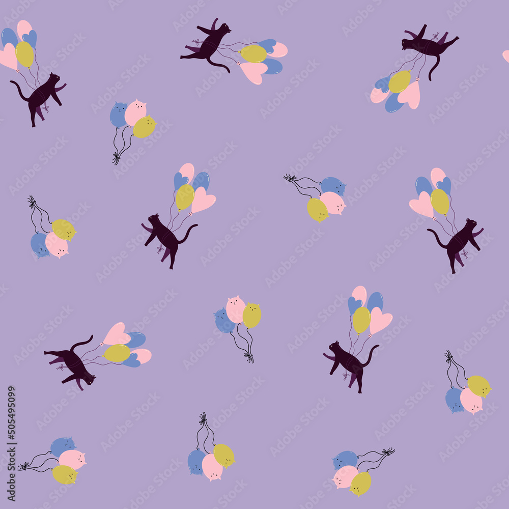 Seamless pattern with funny cat and balloons. Cartoon illustration for fabric, textile, wrapping, background, wallpaper
