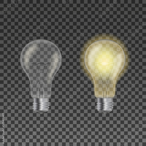 Realistic vector light bulb 3D set. Glowing yellow and white incandescent filament lamps, electricity on and off template on transparent background