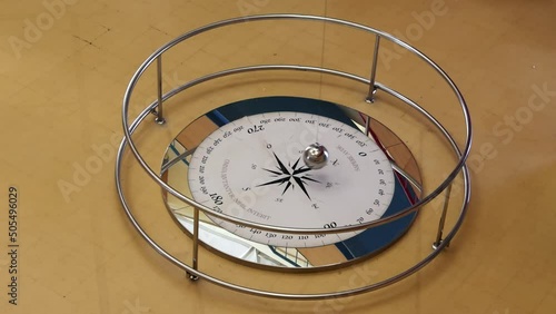 Foucault pendulum swinging on a compass rose. The text in latin 